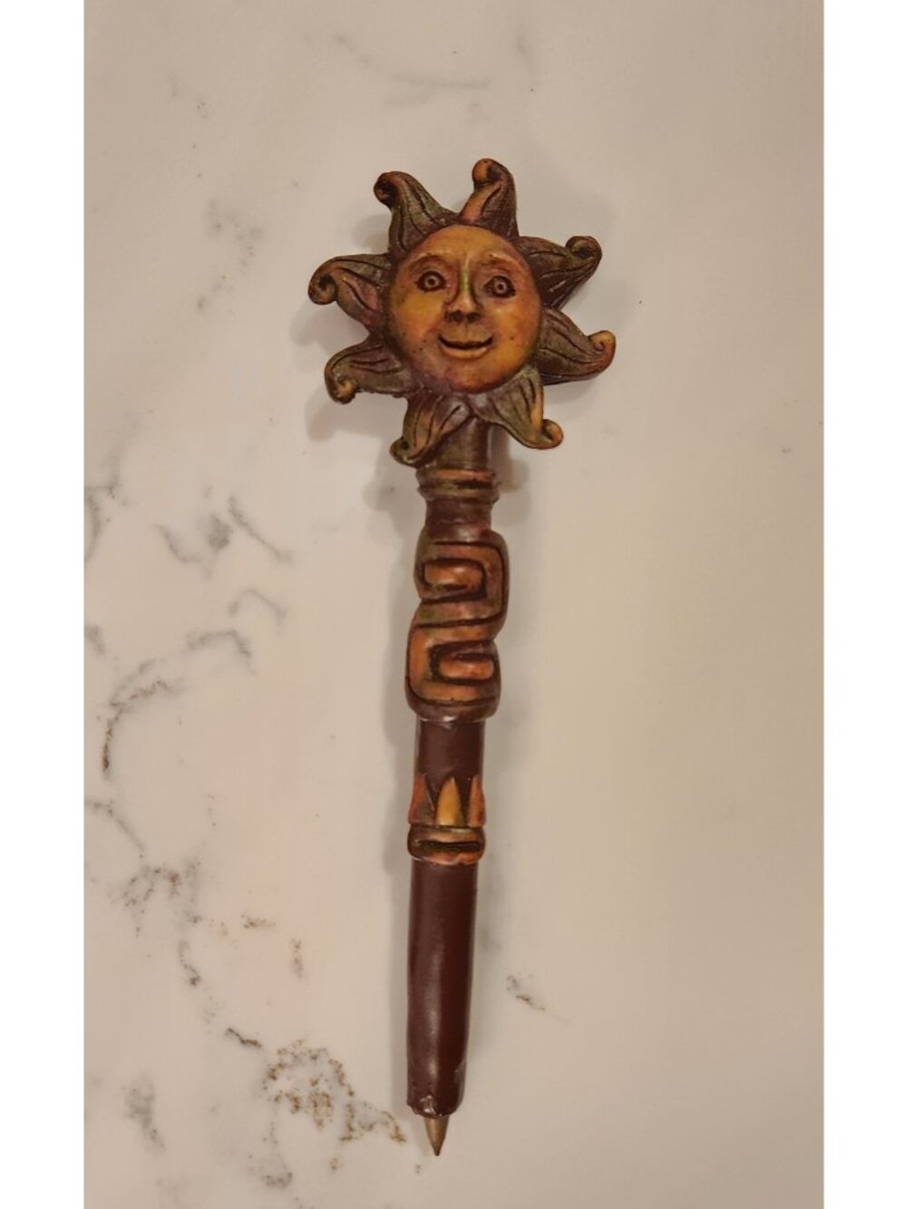 Vintage Hand Carved Wood Sun Themed Ball Point Pen Intricate Desk Office Gift